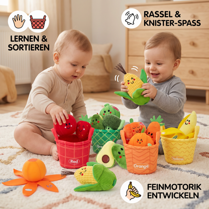 Weiches Obst- & Gemüse-Lernspiel für Babys – 4er Farb-Sortier-Set mit Rassel und Knistereffekt