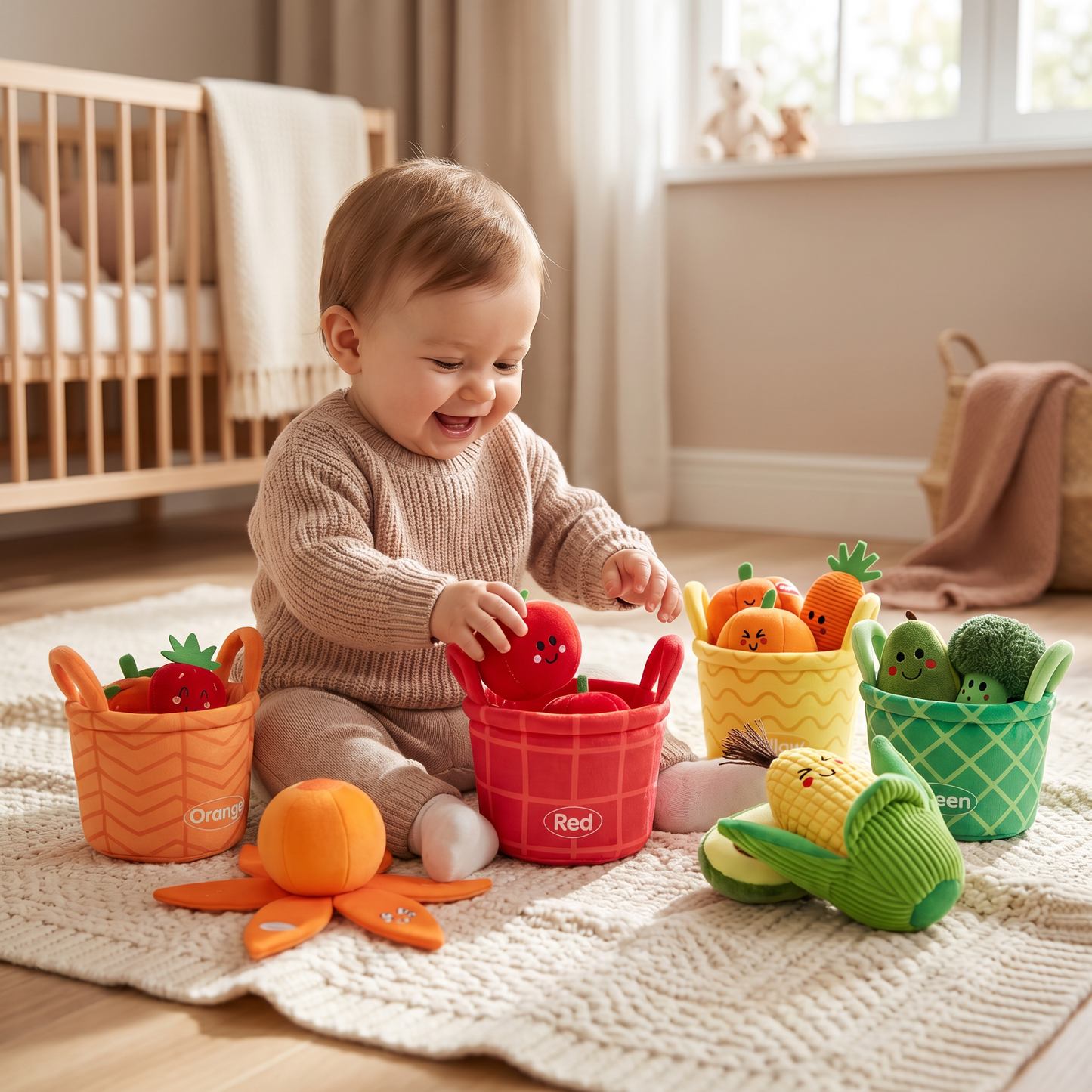 Weiches Obst- & Gemüse-Lernspiel für Babys – 4er Farb-Sortier-Set mit Rassel und Knistereffekt