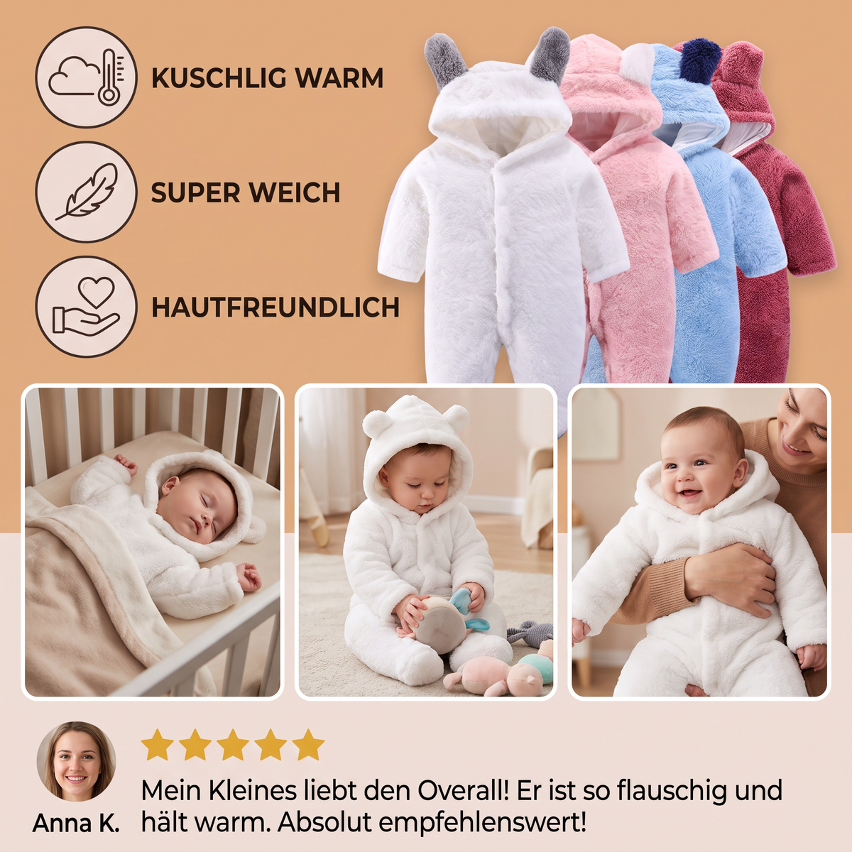 Weicher & kuscheliger Baby-Bären-Overall mit Kapuze