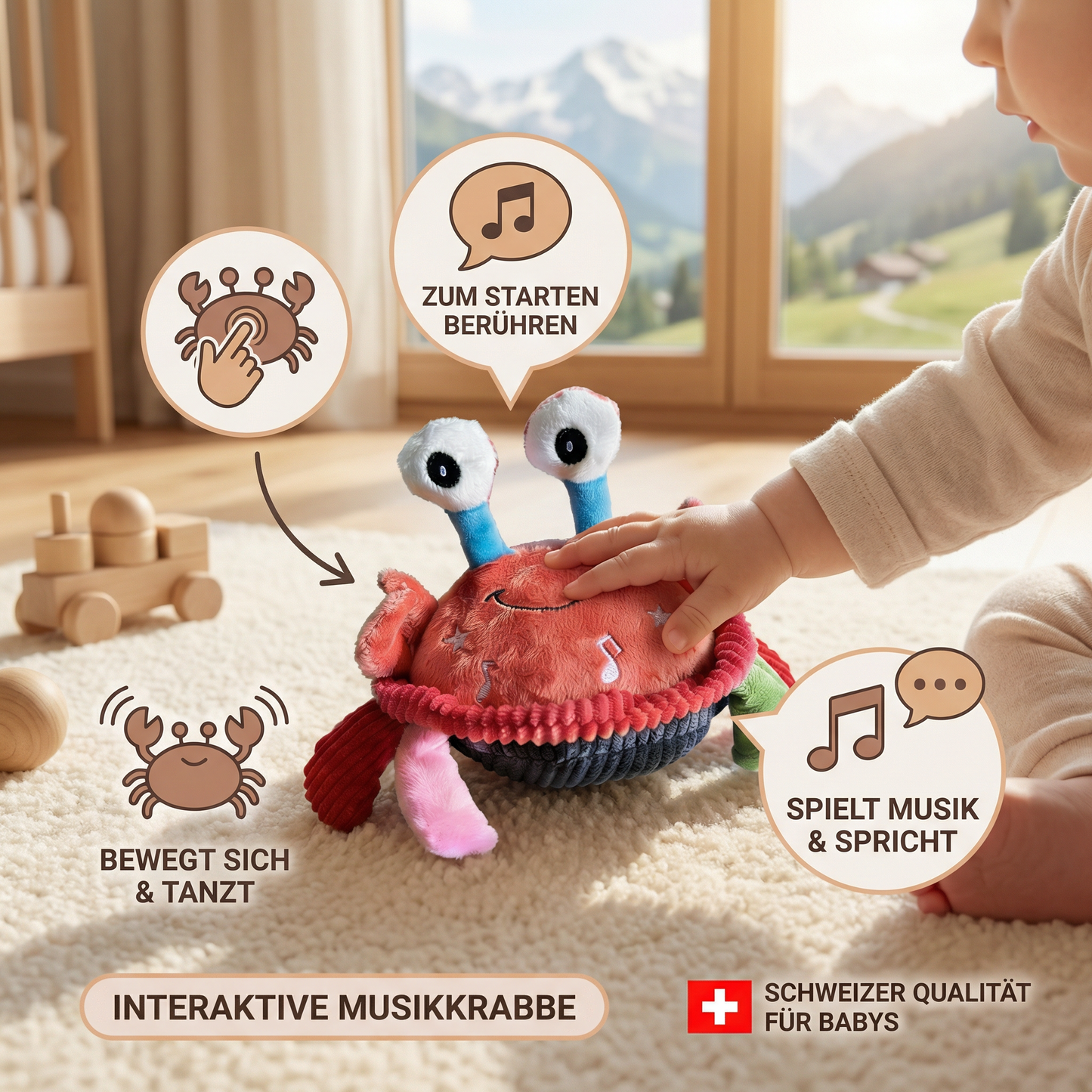 Interaktive Musikkrabbe mit Sprachfunktion – Bewegendes Lernspielzeug für Babys