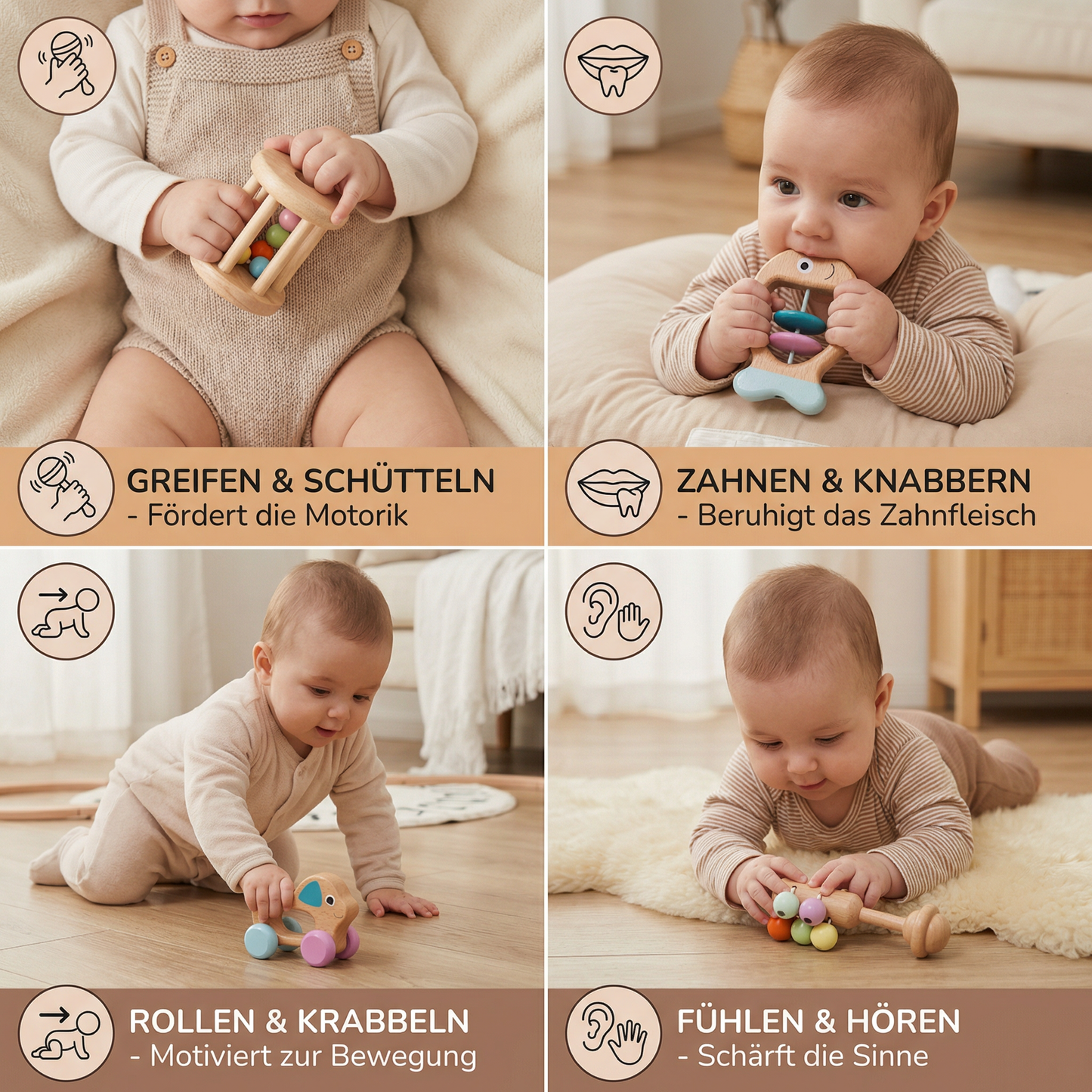 Baby Geschenkset aus Holz – Rassel- & Musikspielzeug für Neugeborene