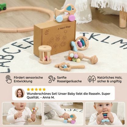Baby Geschenkset aus Holz – Rassel- & Musikspielzeug für Neugeborene