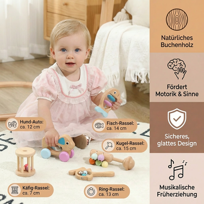 Baby Geschenkset aus Holz – Rassel- & Musikspielzeug für Neugeborene