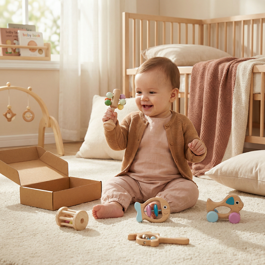 Baby Geschenkset aus Holz – Rassel- & Musikspielzeug für Neugeborene