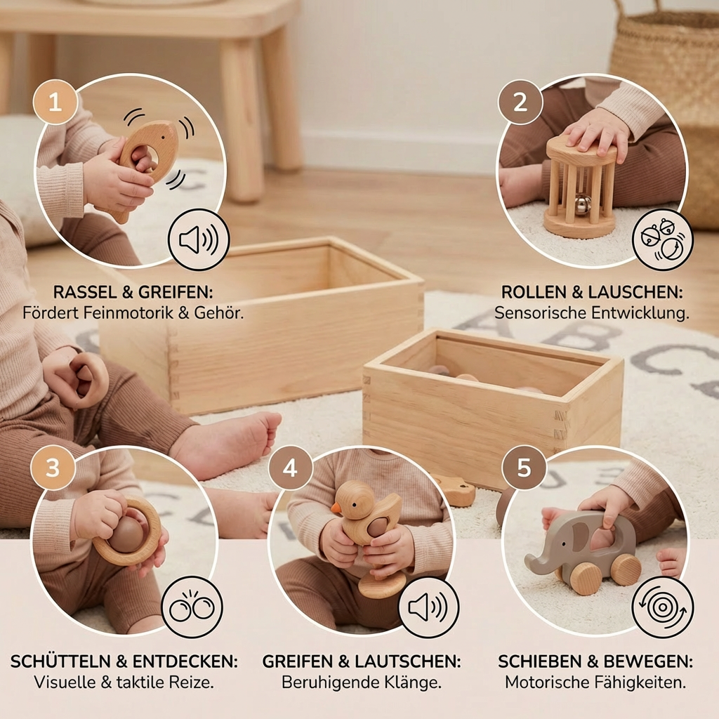 Baby Geschenkset aus Holz – Rassel- & Musikspielzeug für Neugeborene