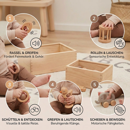 Baby Geschenkset aus Holz – Rassel- & Musikspielzeug für Neugeborene