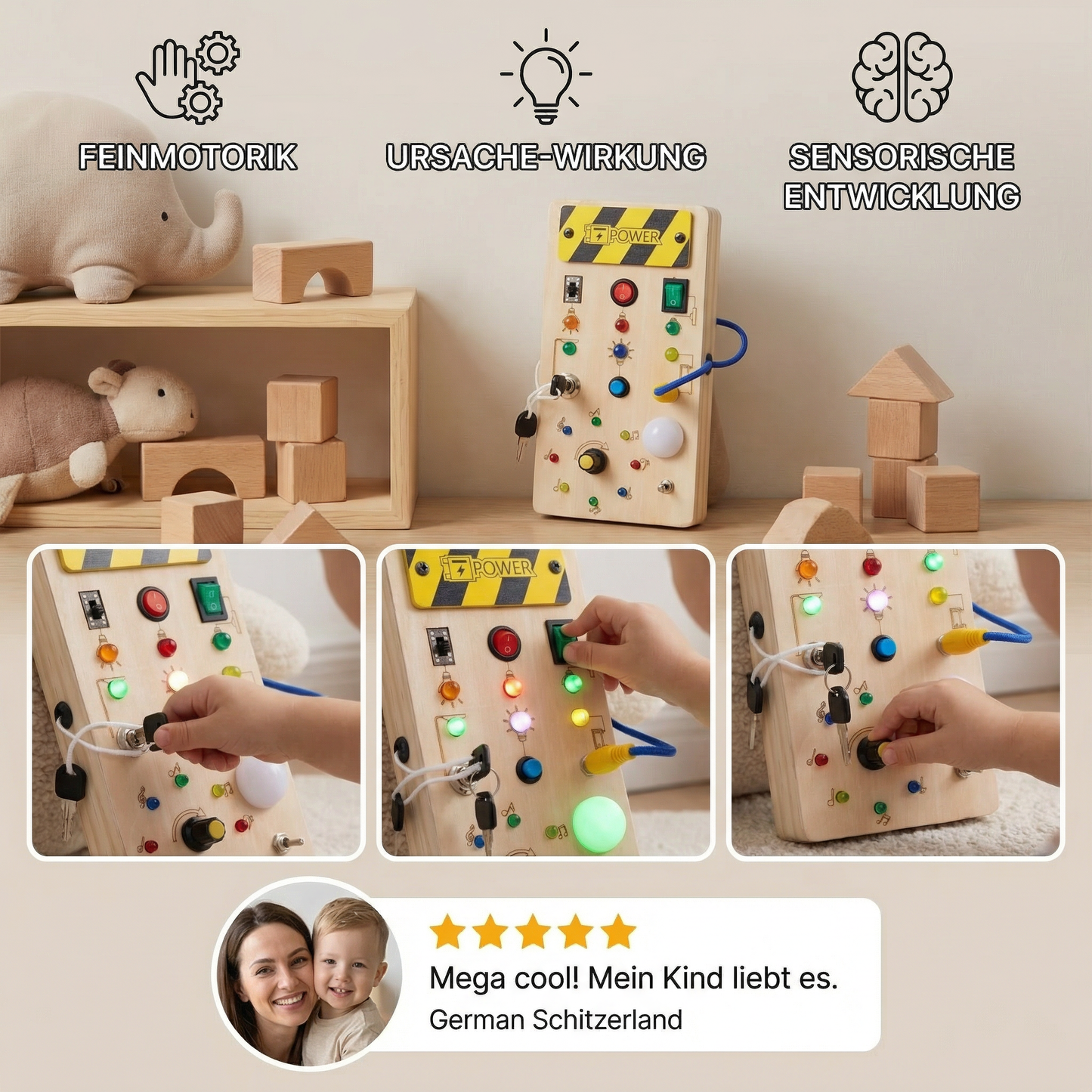 Montessori Sensorik Brett aus Holz mit Licht & Schaltern – Motorikspielzeug für Kinder