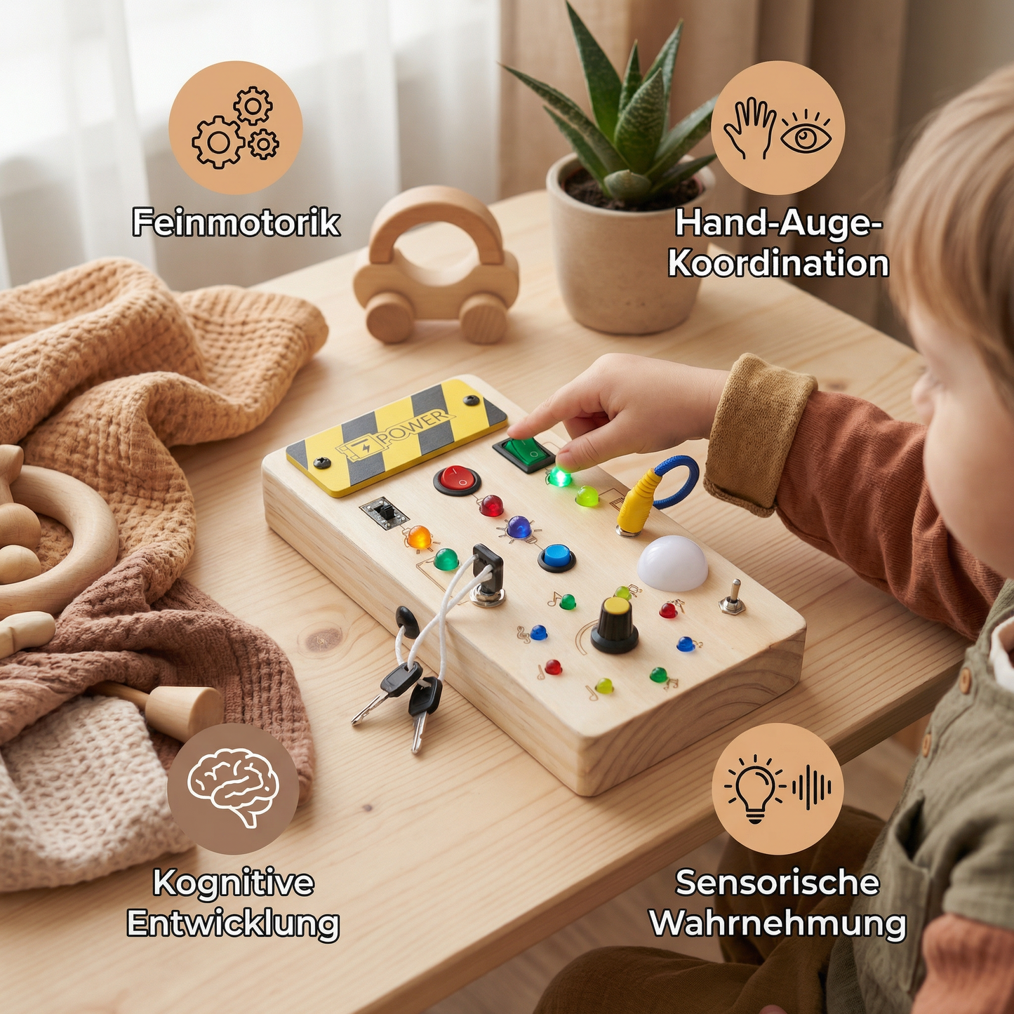 Montessori Sensorik Brett aus Holz mit Licht & Schaltern – Motorikspielzeug für Kinder