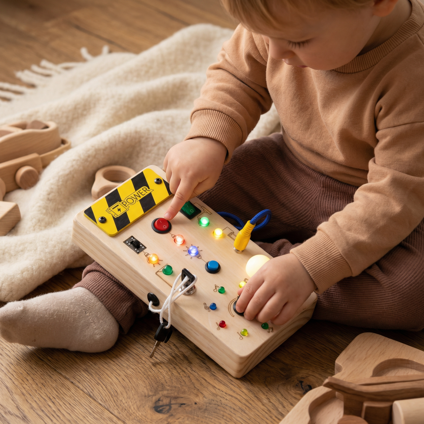 Montessori Sensorik Brett aus Holz mit Licht & Schaltern – Motorikspielzeug für Kinder