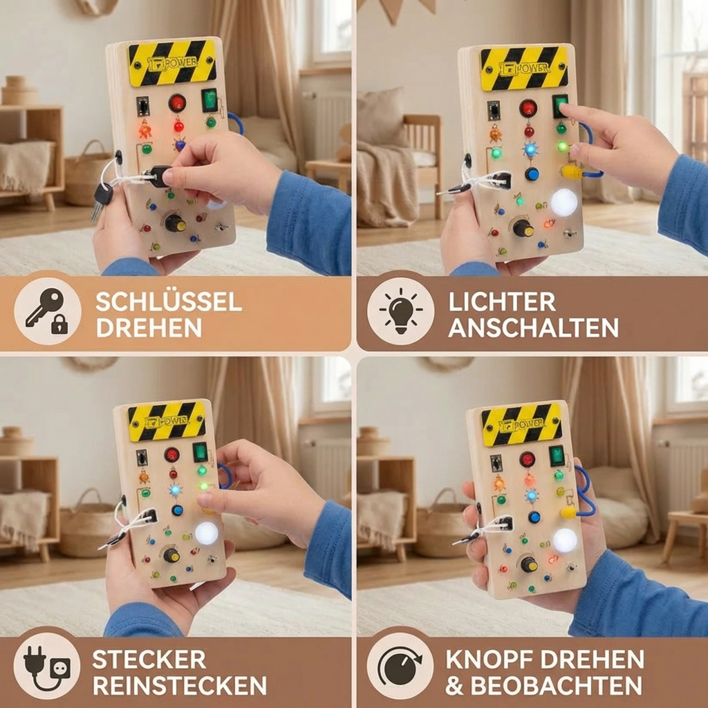 Montessori Sensorik Brett aus Holz mit Licht & Schaltern – Motorikspielzeug für Kinder