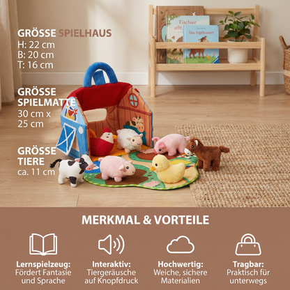 Bauernhof Plüschtier Spielset – Interaktives Lernspielzeug mit tragbarem Spielhaus