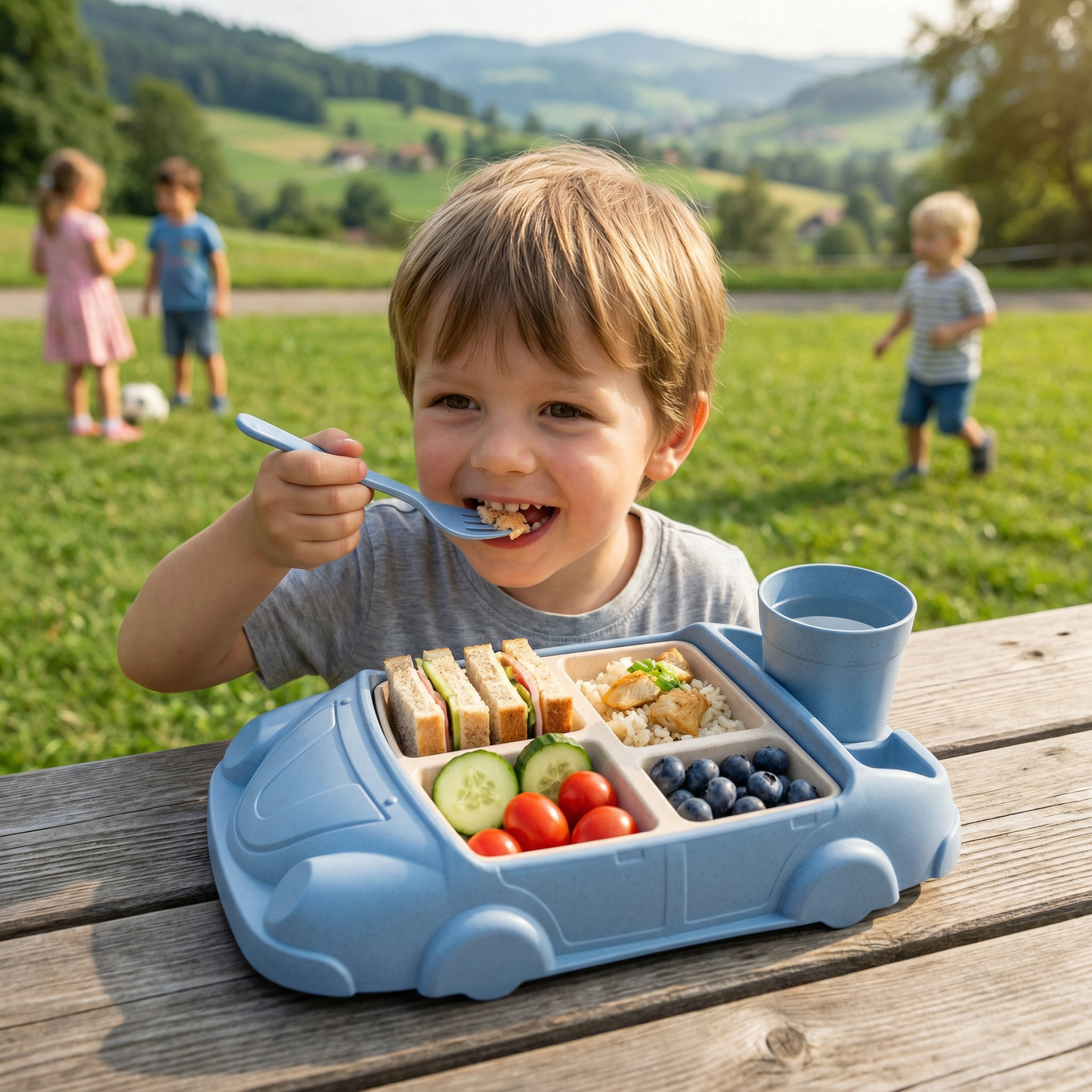 Kinder Bento Lunchbox im Auto-Design – Unterteilte Essensbox mit Becher