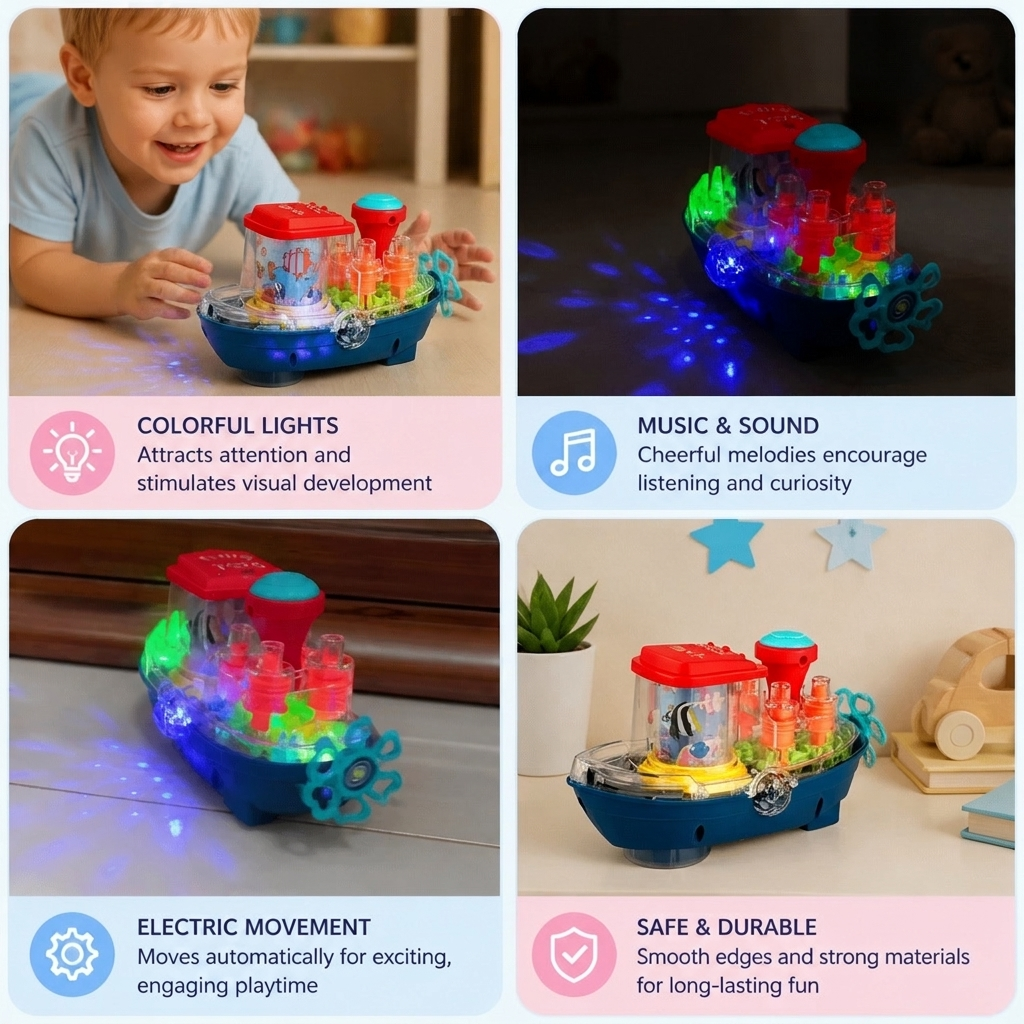 Leuchtendes Zahnradboot – Musikalisches elektrisches Spielzeugboot für Kinder