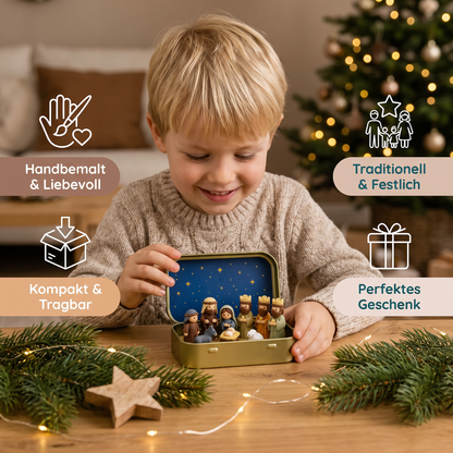 Mini-Weihnachtskrippe in einer Box – Handbemaltes Weihnachtsfiguren-Set