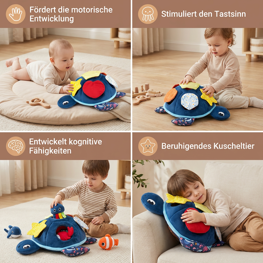 Montessori Schildkröten Entdecker-Spielzeug – Weiches Sensorik-Stoffspiel für Babys