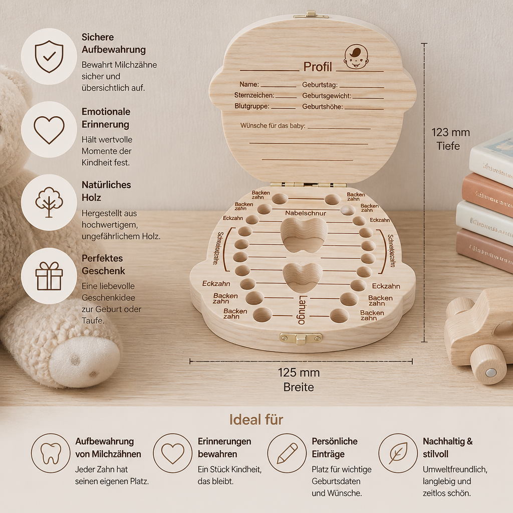 Holz Zahnbox für Kinder – Milchzahn Aufbewahrung & Erinnerungsbox