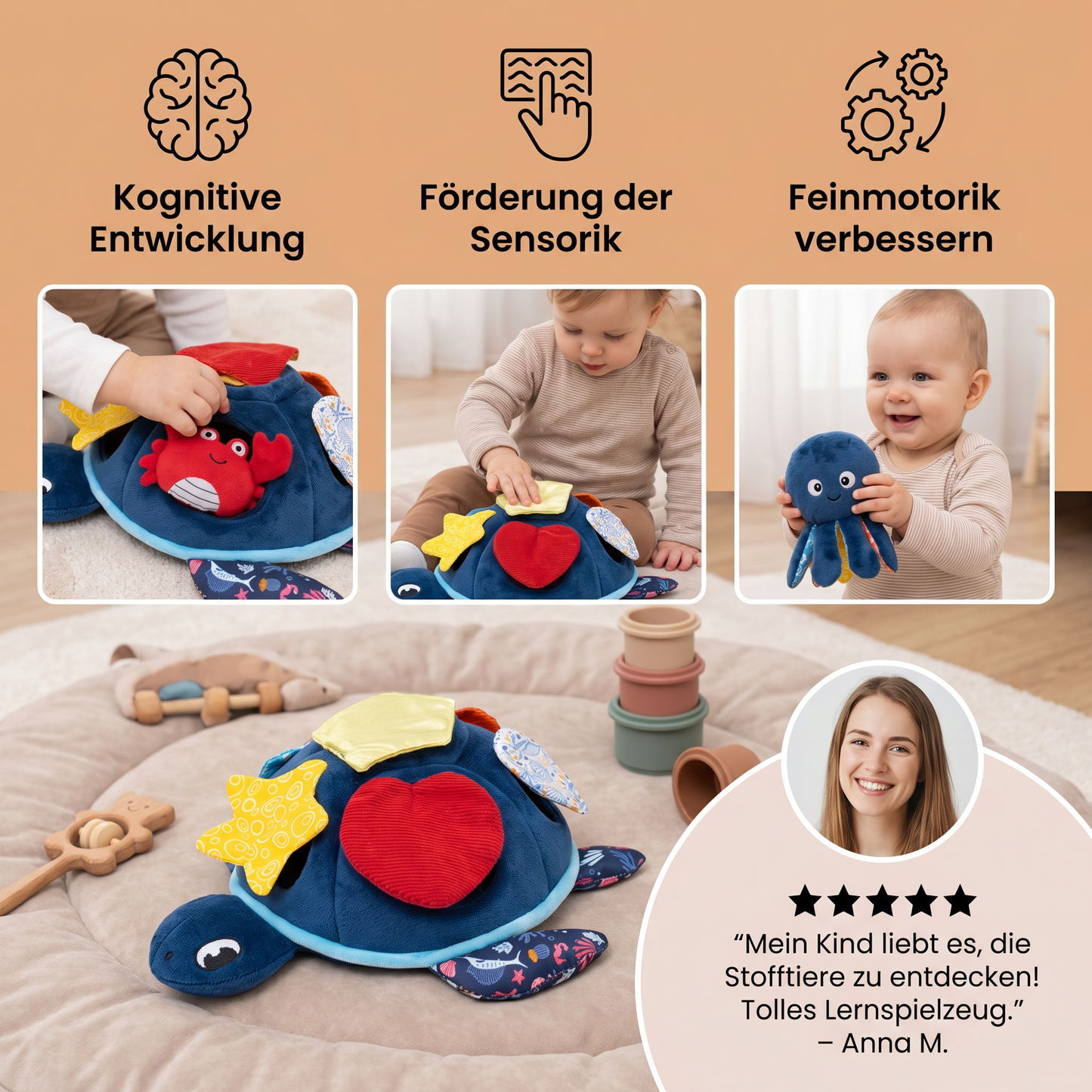 Montessori Schildkröten Entdecker-Spielzeug – Weiches Sensorik-Stoffspiel für Babys