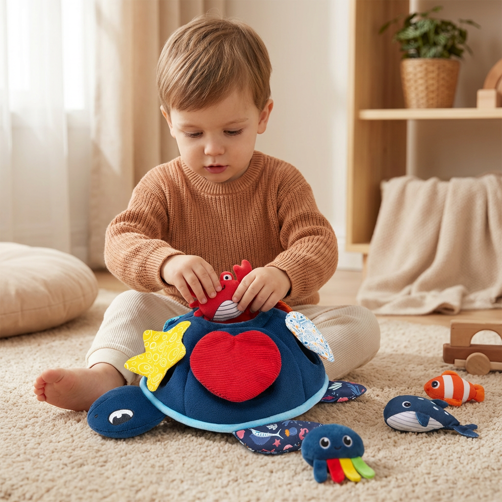 Montessori Schildkröten Entdecker-Spielzeug – Weiches Sensorik-Stoffspiel für Babys