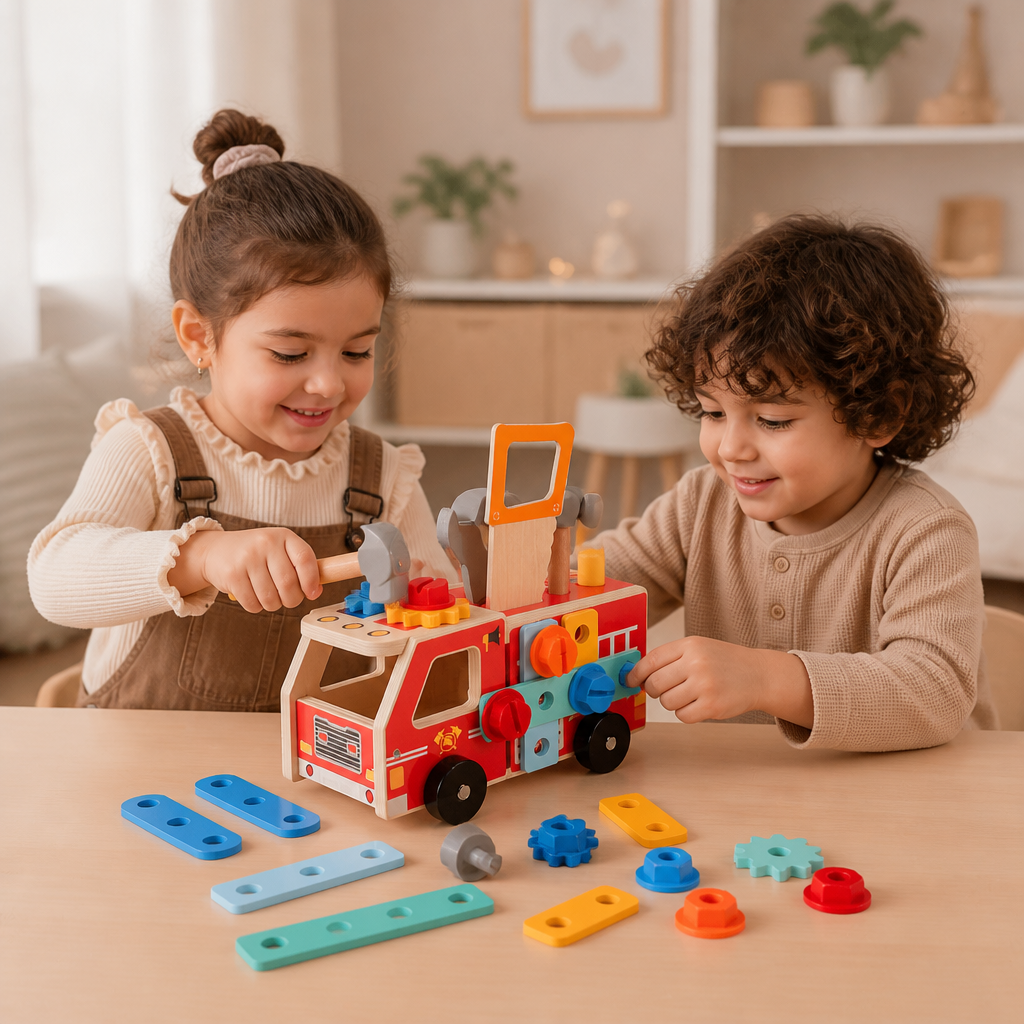 Montessori-Holzwerkzeugkasten Feuerwehr mit Bauset