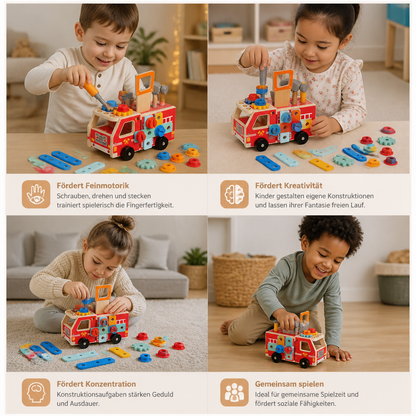 Montessori-Holzwerkzeugkasten Feuerwehr mit Bauset