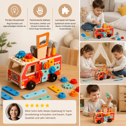 Montessori-Holzwerkzeugkasten Feuerwehr mit Bauset