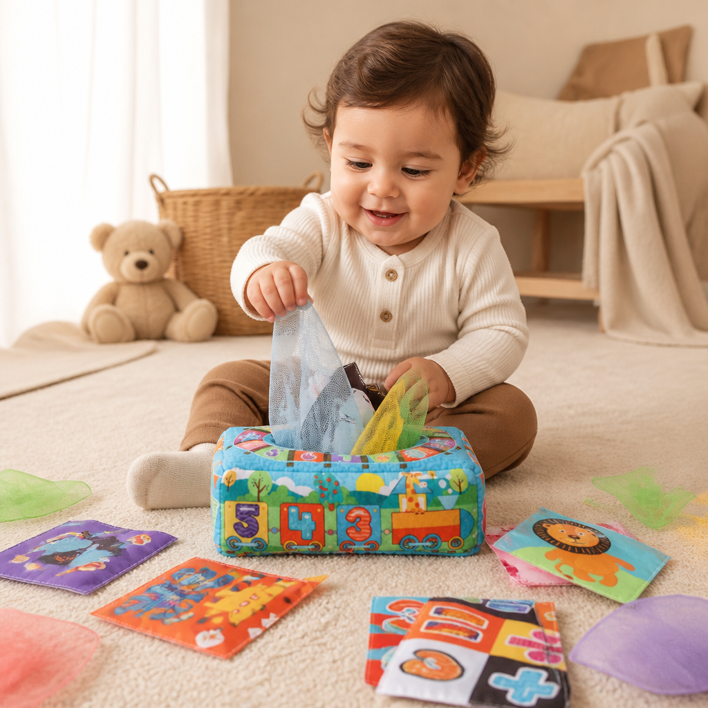 Montessori Zauber-Taschentuchbox – Sensorisches Lernspielzeug für Babys