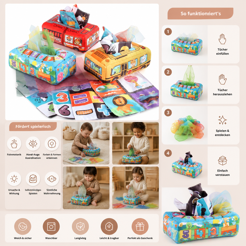 Montessori Zauber-Taschentuchbox – Sensorisches Lernspielzeug für Babys