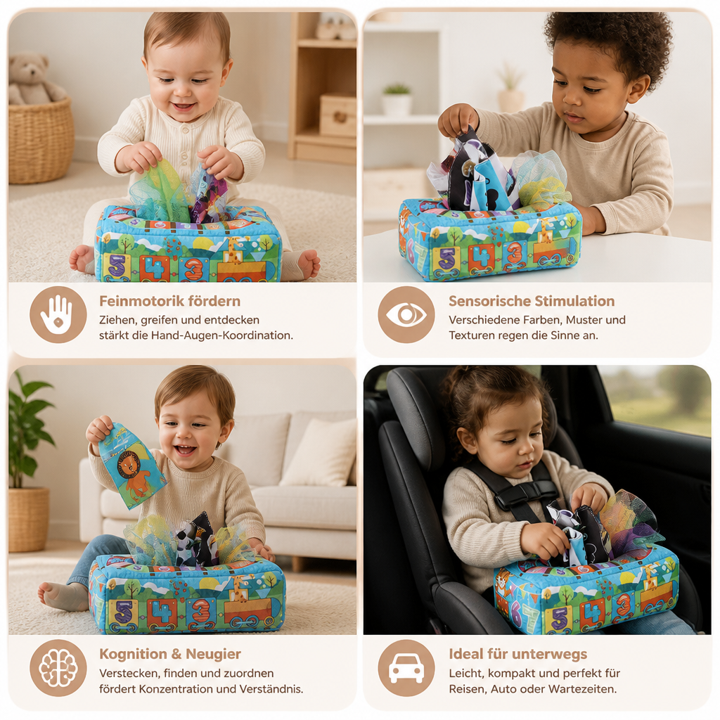 Montessori Zauber-Taschentuchbox – Sensorisches Lernspielzeug für Babys