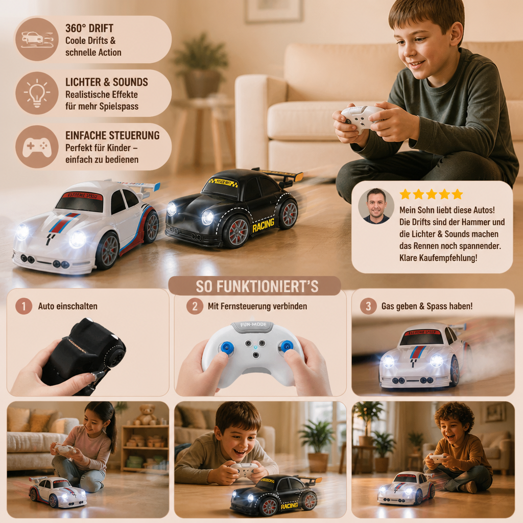 RC-Rennauto mit Driftfunktion für Kinder – Ferngesteuert mit Sensorlichtern & Sound