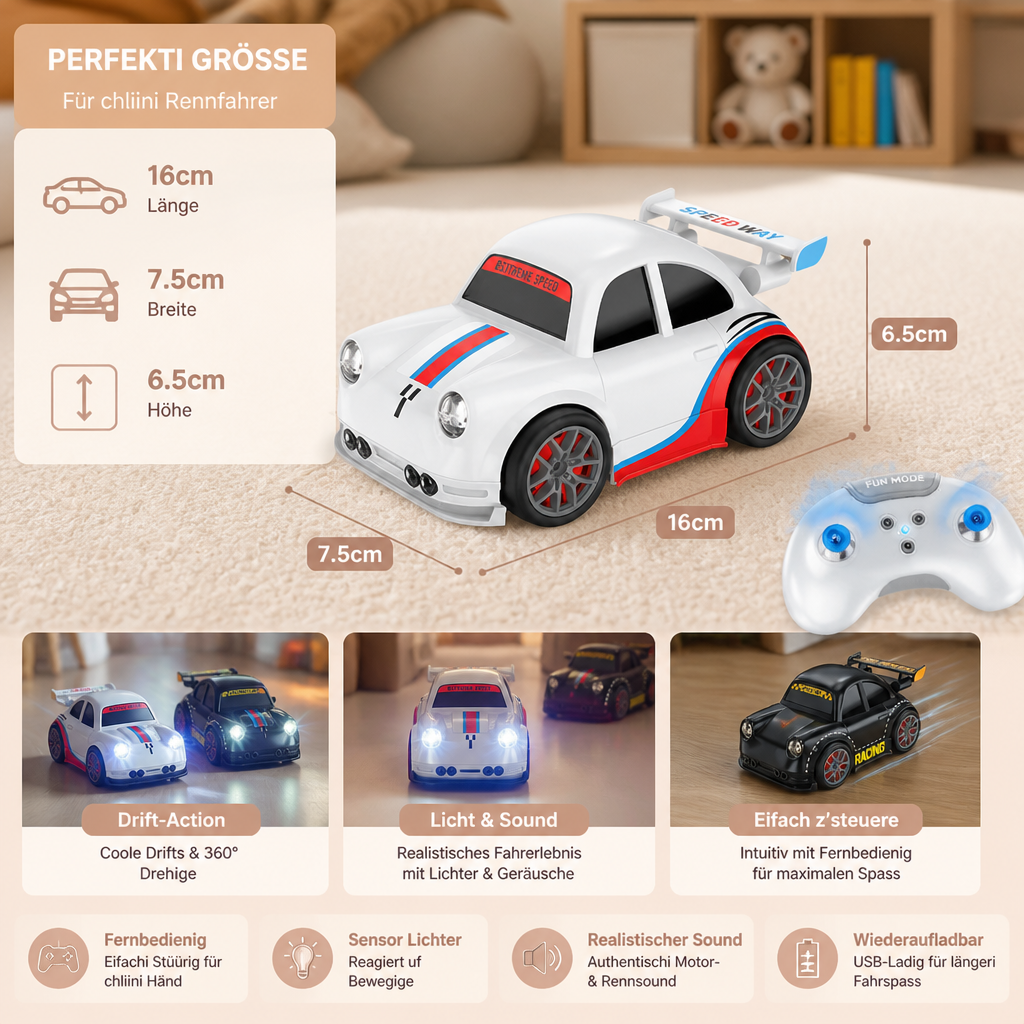 RC-Rennauto mit Driftfunktion für Kinder – Ferngesteuert mit Sensorlichtern & Sound