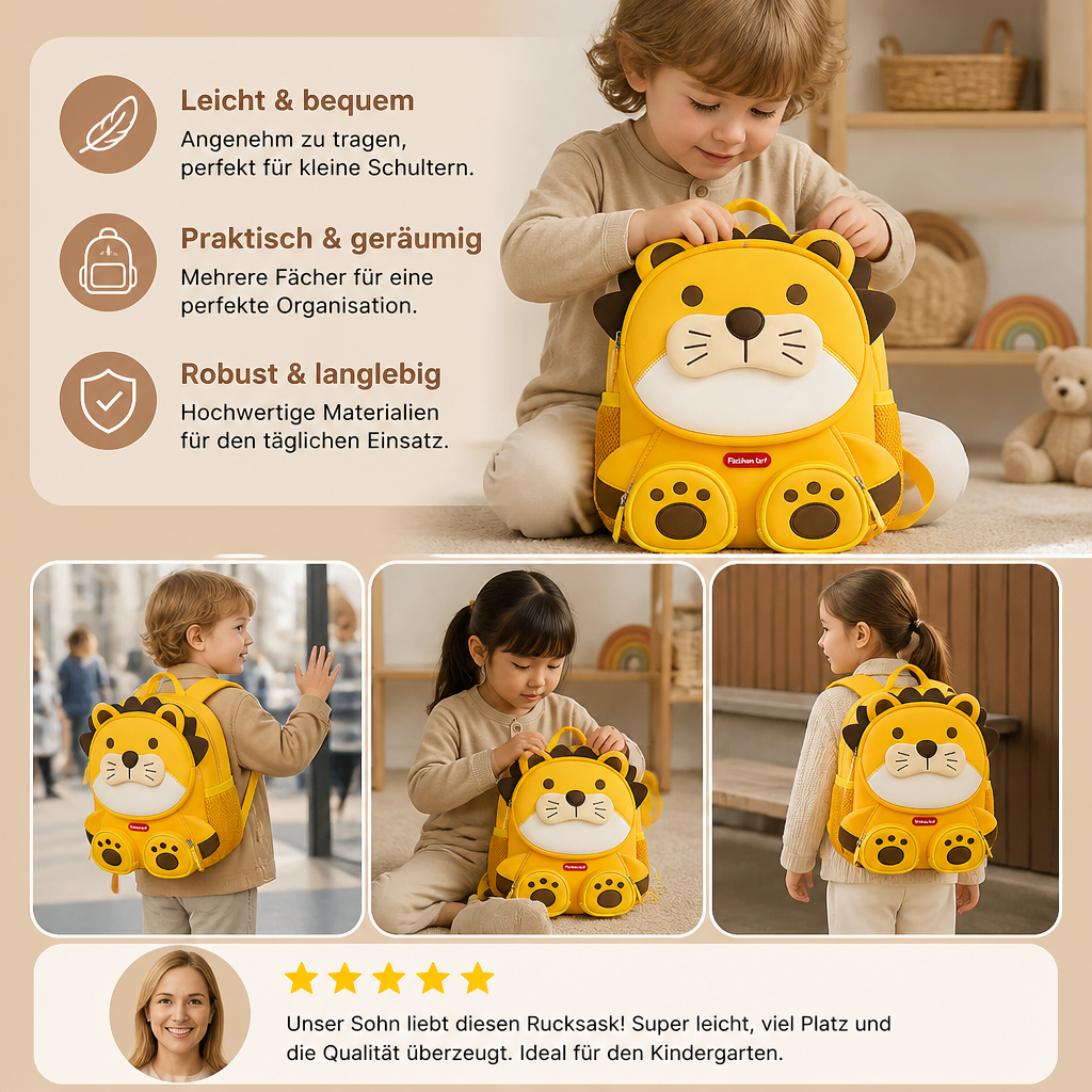 Kinder-Rucksack mit Cartoon-Tiermotiv – Leichter Schulrucksack mit mehreren Fächern