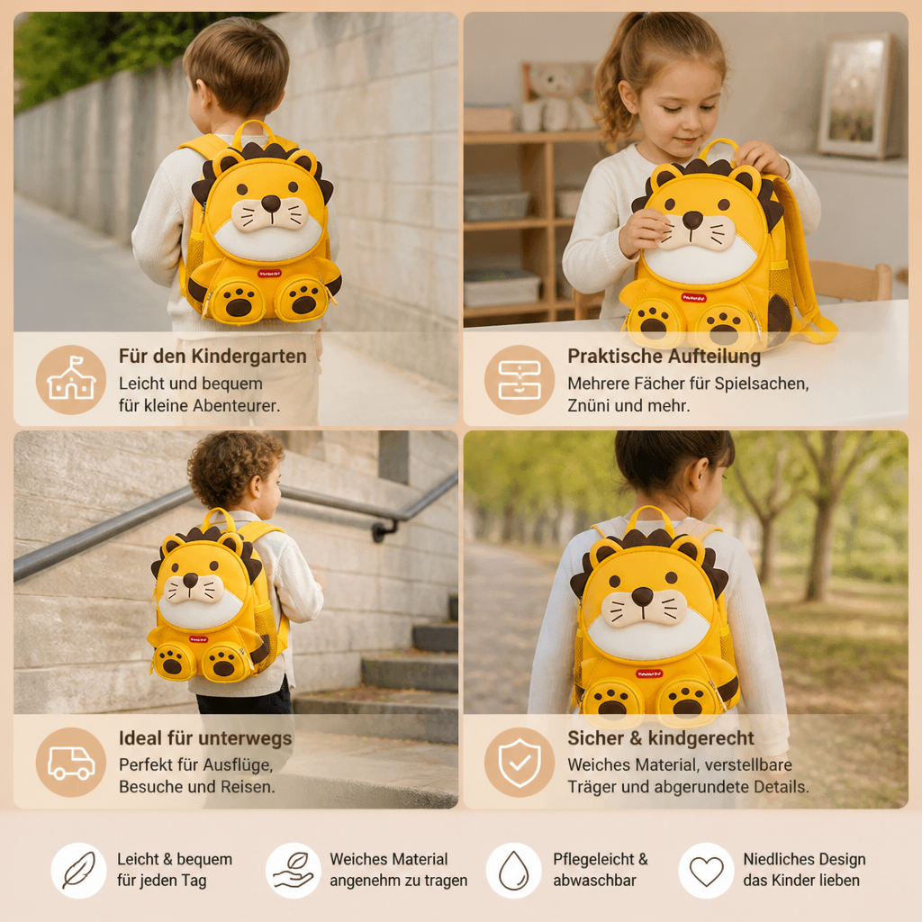 Kinder-Rucksack mit Cartoon-Tiermotiv – Leichter Schulrucksack mit mehreren Fächern