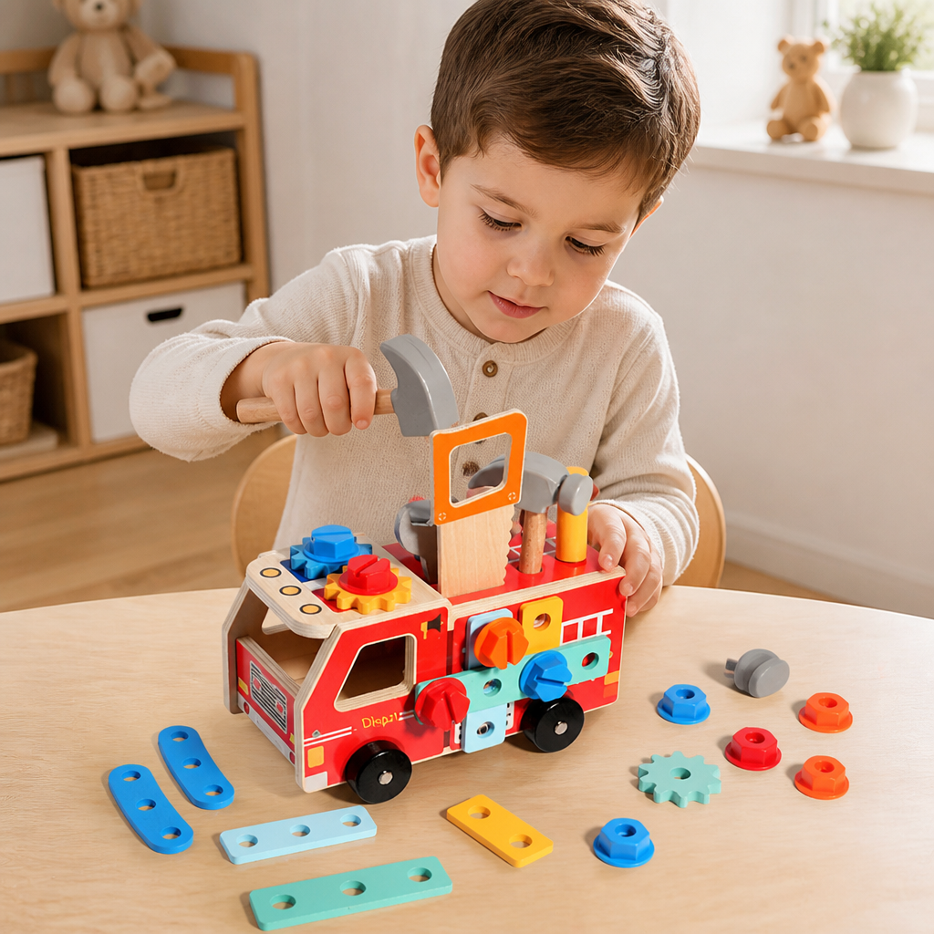 Montessori-Holzwerkzeugkasten Feuerwehr mit Bauset