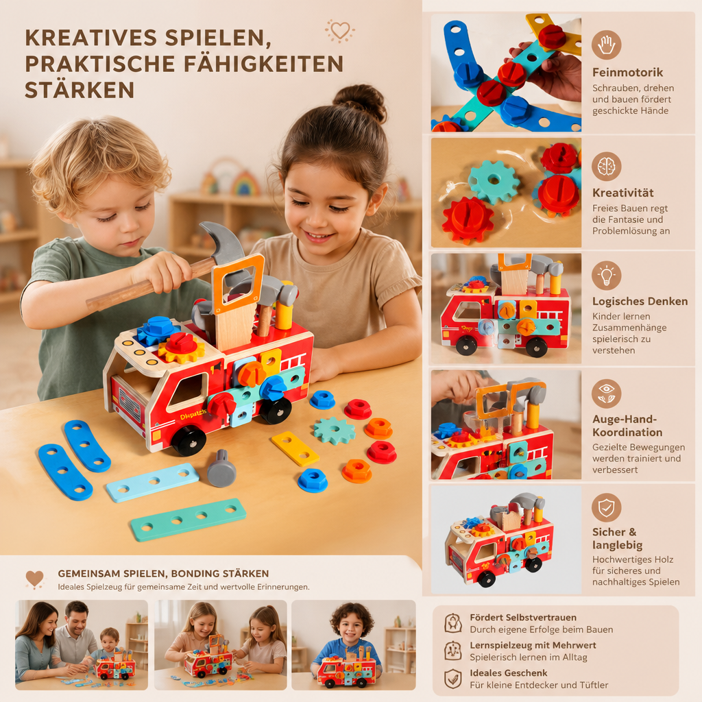Montessori-Holzwerkzeugkasten Feuerwehr mit Bauset