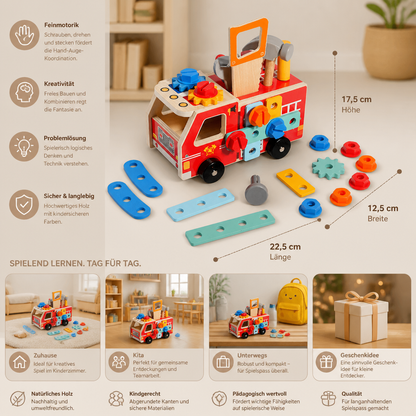 Montessori-Holzwerkzeugkasten Feuerwehr mit Bauset