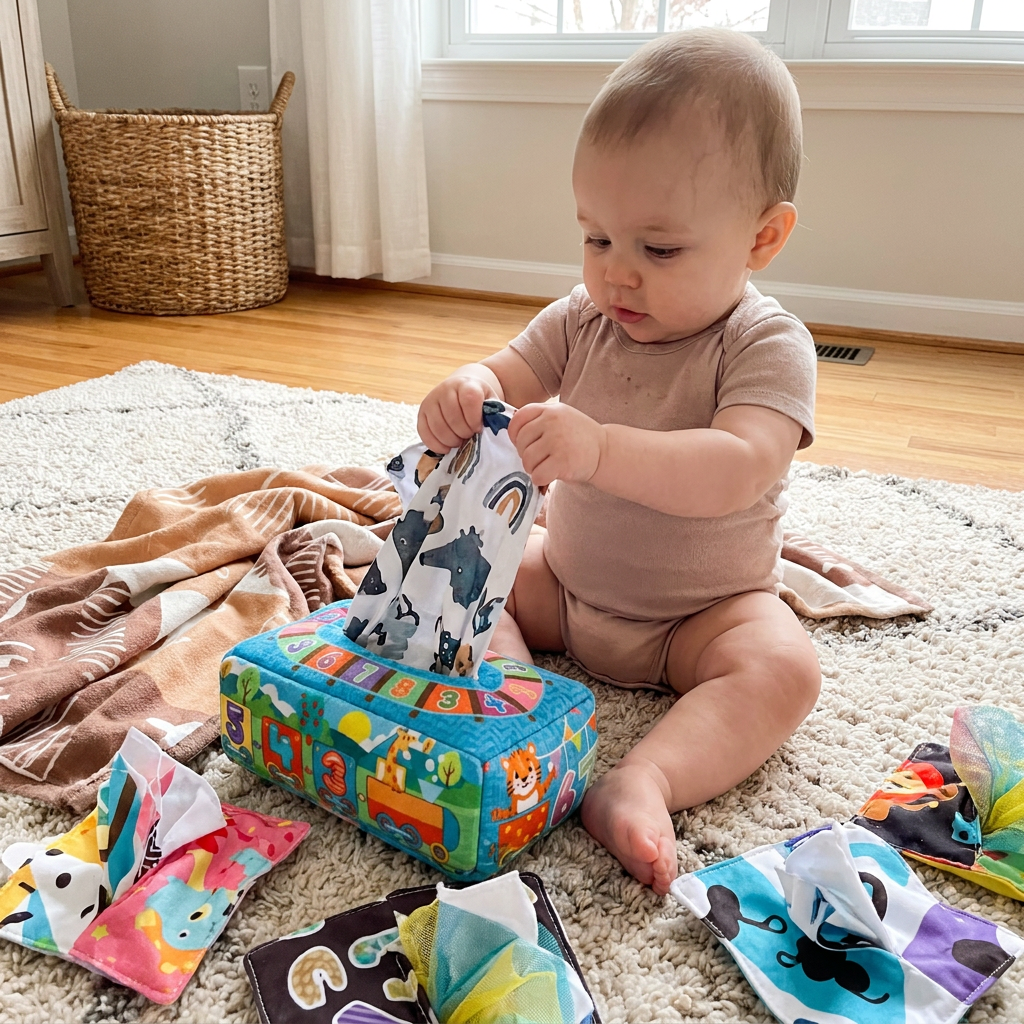 Montessori Zauber-Taschentuchbox – Sensorisches Lernspielzeug für Babys