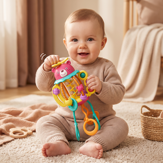 3-in-1 multisensorisches Beißspielzeug mit Zugschnüren, Rassel- & Regengeräuschen für Babys