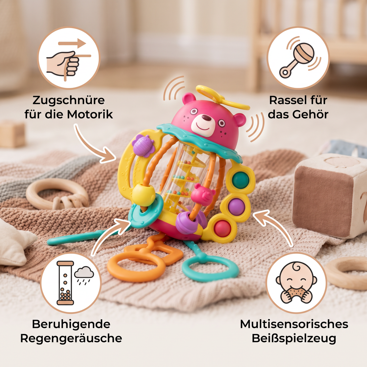 3-in-1 multisensorisches Beißspielzeug mit Zugschnüren, Rassel- & Regengeräuschen für Babys