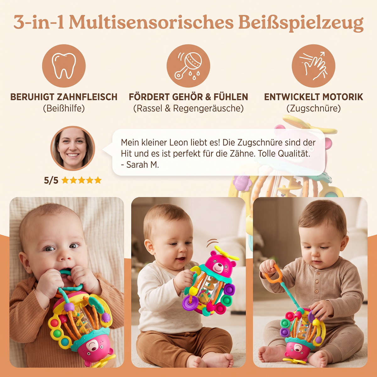 3-in-1 multisensorisches Beißspielzeug mit Zugschnüren, Rassel- & Regengeräuschen für Babys