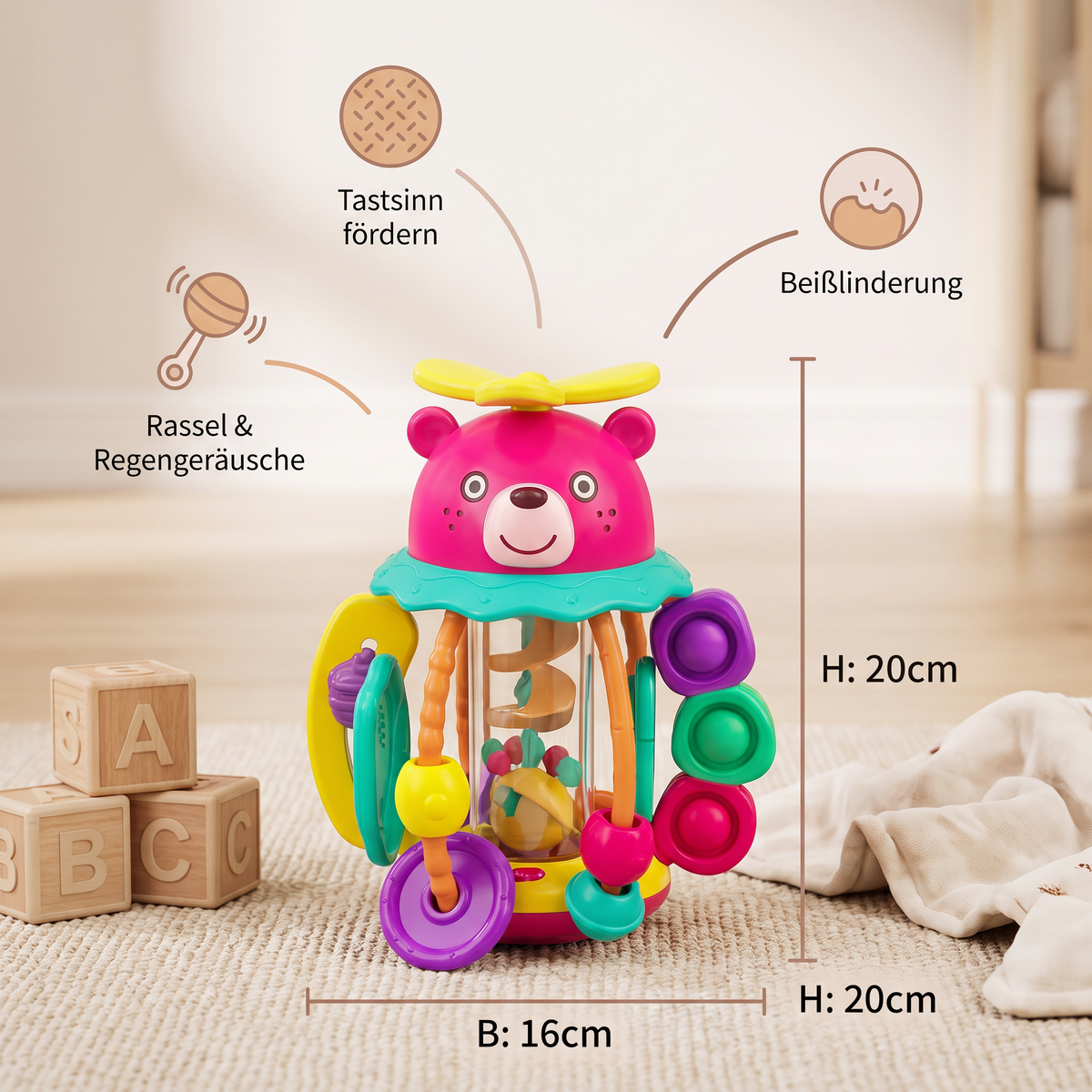 3-in-1 multisensorisches Beißspielzeug mit Zugschnüren, Rassel- & Regengeräuschen für Babys