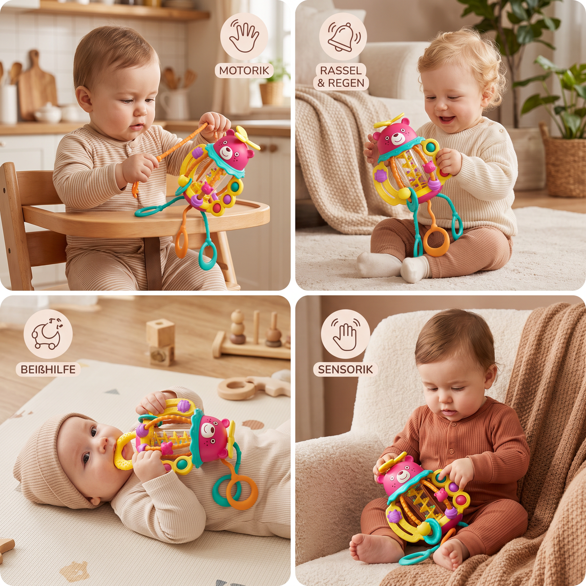 3-in-1 multisensorisches Beißspielzeug mit Zugschnüren, Rassel- & Regengeräuschen für Babys
