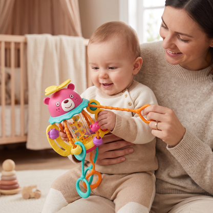 3-in-1 multisensorisches Beißspielzeug mit Zugschnüren, Rassel- & Regengeräuschen für Babys