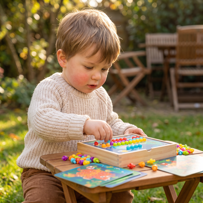 4-in-1 Montessori-Holz-Sensorik-Spielbrett für unterwegs mit Zahnrädern & bunten Steckstiften