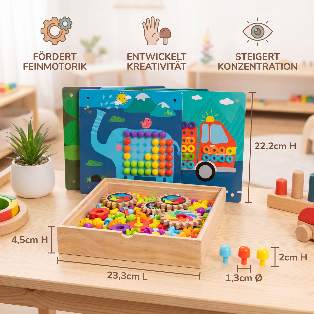 4-in-1 Montessori-Holz-Sensorik-Spielbrett für unterwegs mit Zahnrädern & bunten Steckstiften