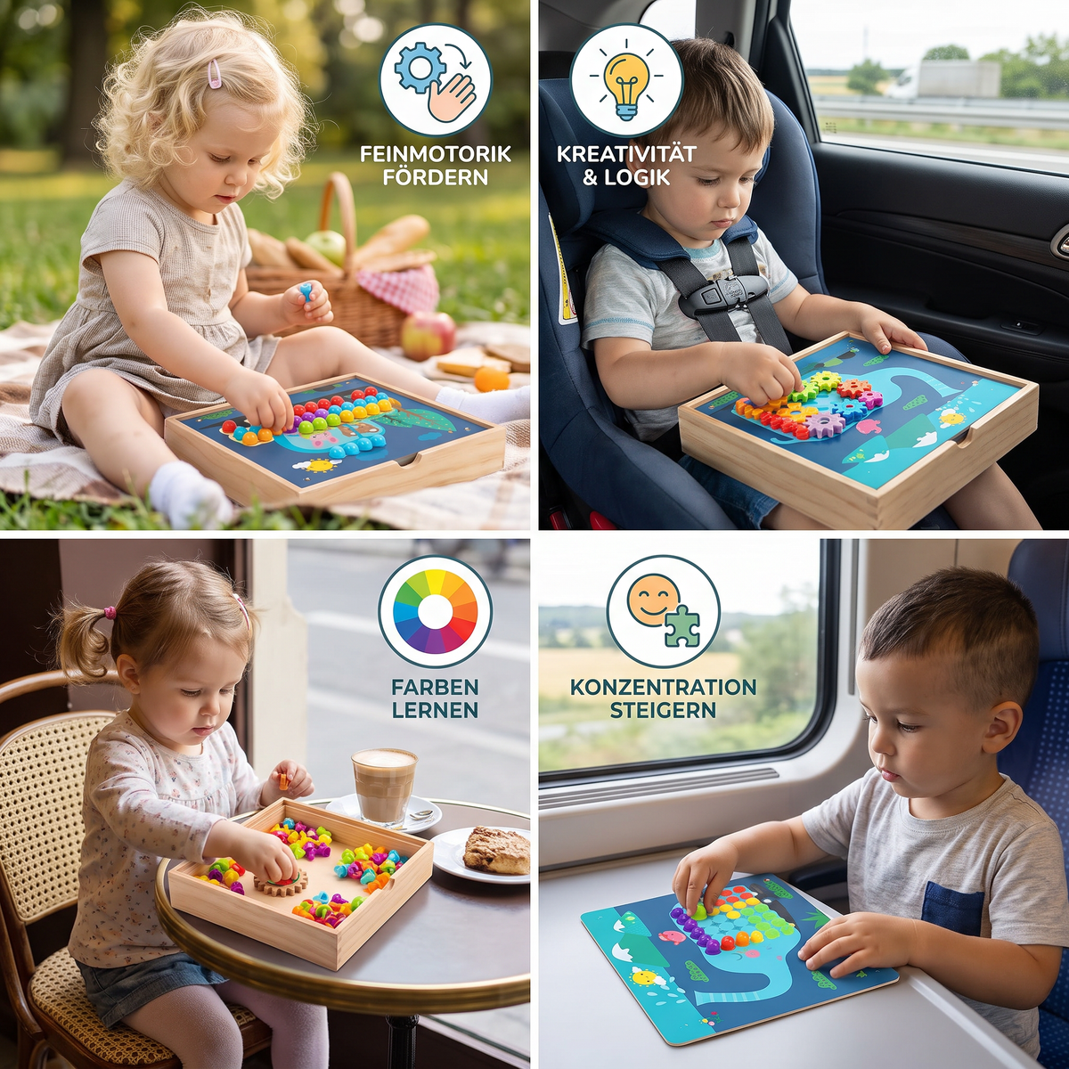 4-in-1 Montessori-Holz-Sensorik-Spielbrett für unterwegs mit Zahnrädern & bunten Steckstiften
