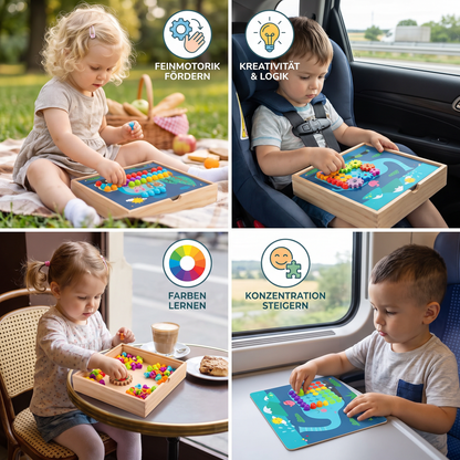 4-in-1 Montessori-Holz-Sensorik-Spielbrett für unterwegs mit Zahnrädern & bunten Steckstiften