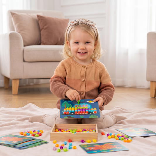 4-in-1 Montessori-Holz-Sensorik-Spielbrett für unterwegs mit Zahnrädern & bunten Steckstiften