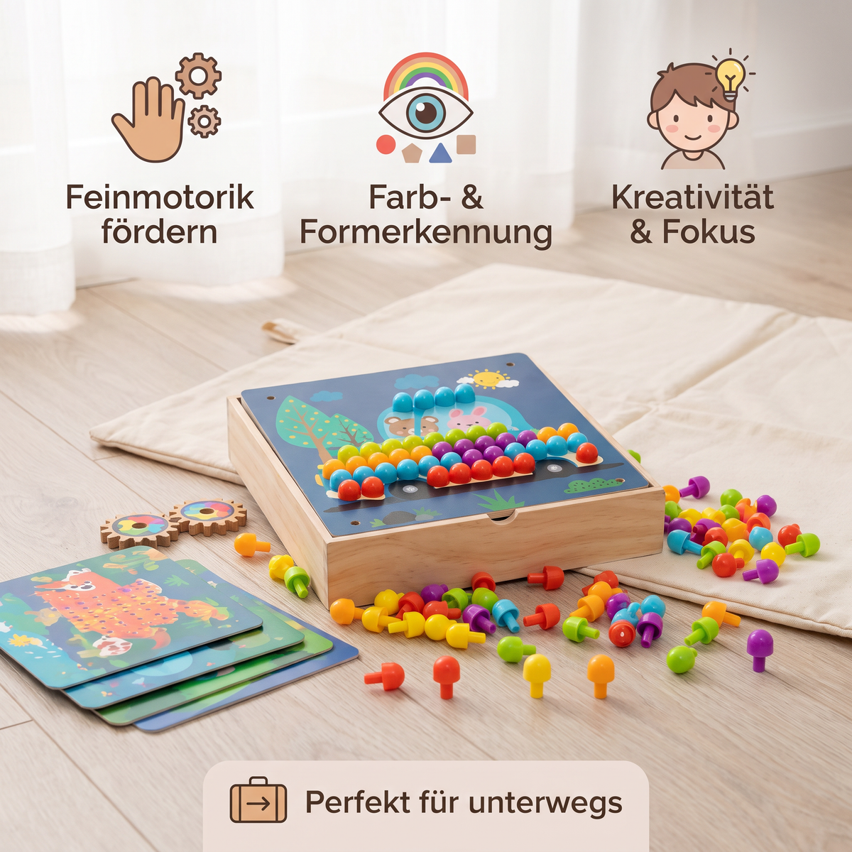 4-in-1 Montessori-Holz-Sensorik-Spielbrett für unterwegs mit Zahnrädern & bunten Steckstiften