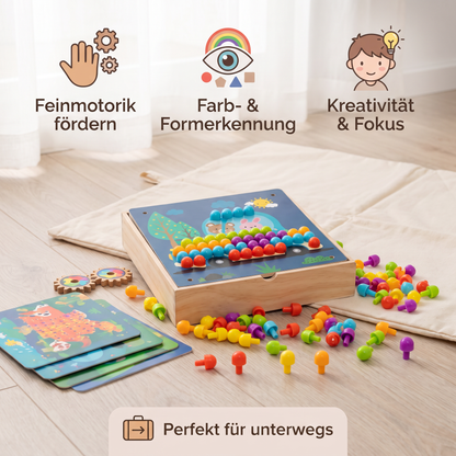 4-in-1 Montessori-Holz-Sensorik-Spielbrett für unterwegs mit Zahnrädern & bunten Steckstiften