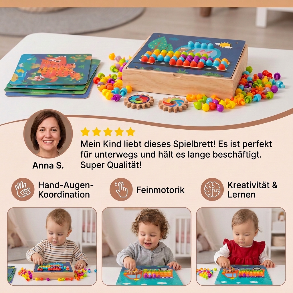4-in-1 Montessori-Holz-Sensorik-Spielbrett für unterwegs mit Zahnrädern & bunten Steckstiften